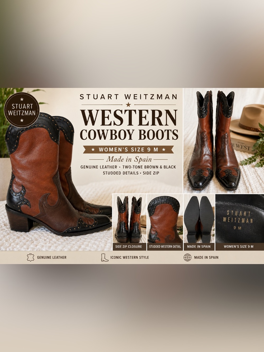 Stuart Weitzman women’s leather Western cowboy boots, size 9 M, made in Spain